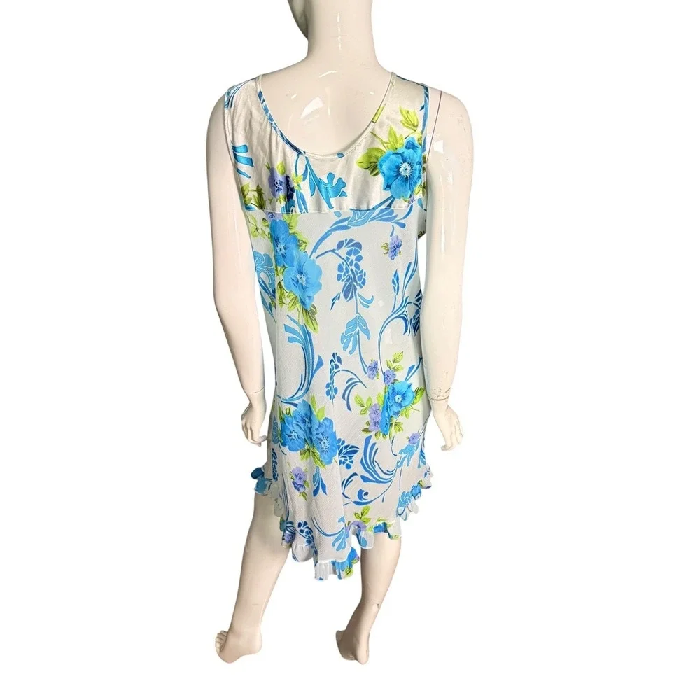 Je T'Adore Satin Night Gown Wmns Blue White Floral 2X Fairy Whimsy Vintage 90s